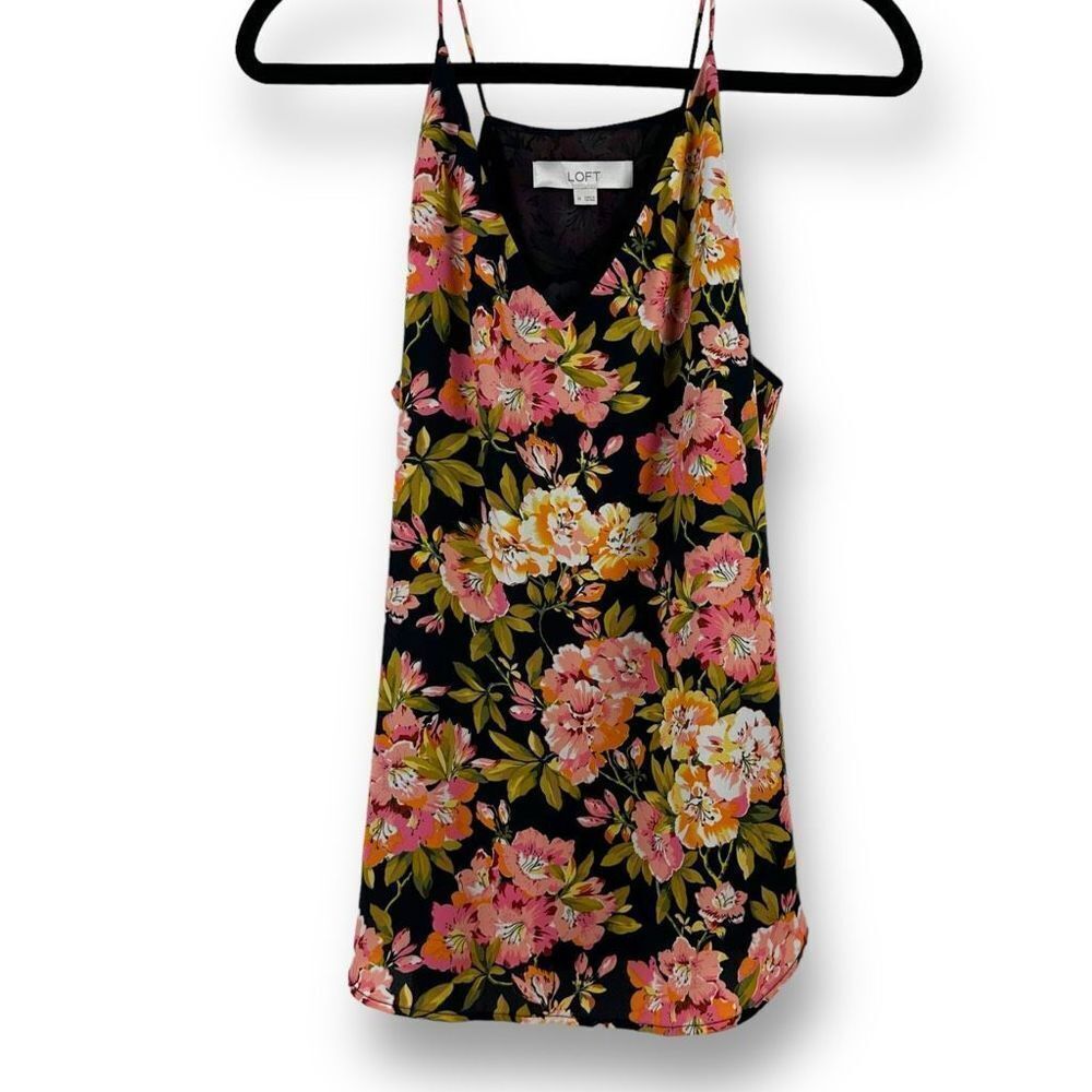 LOFT Black Floral V-Neck Spaghetti Strap Tank Top